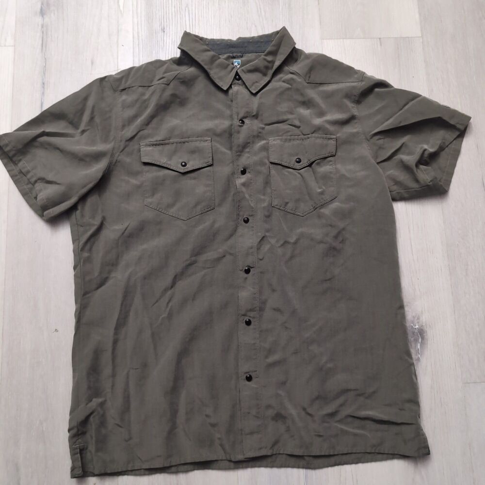 Kuhl Eluxur Ionik Mens Shirt Medium Green Pearl Snap Up Short Sleeve Hiking